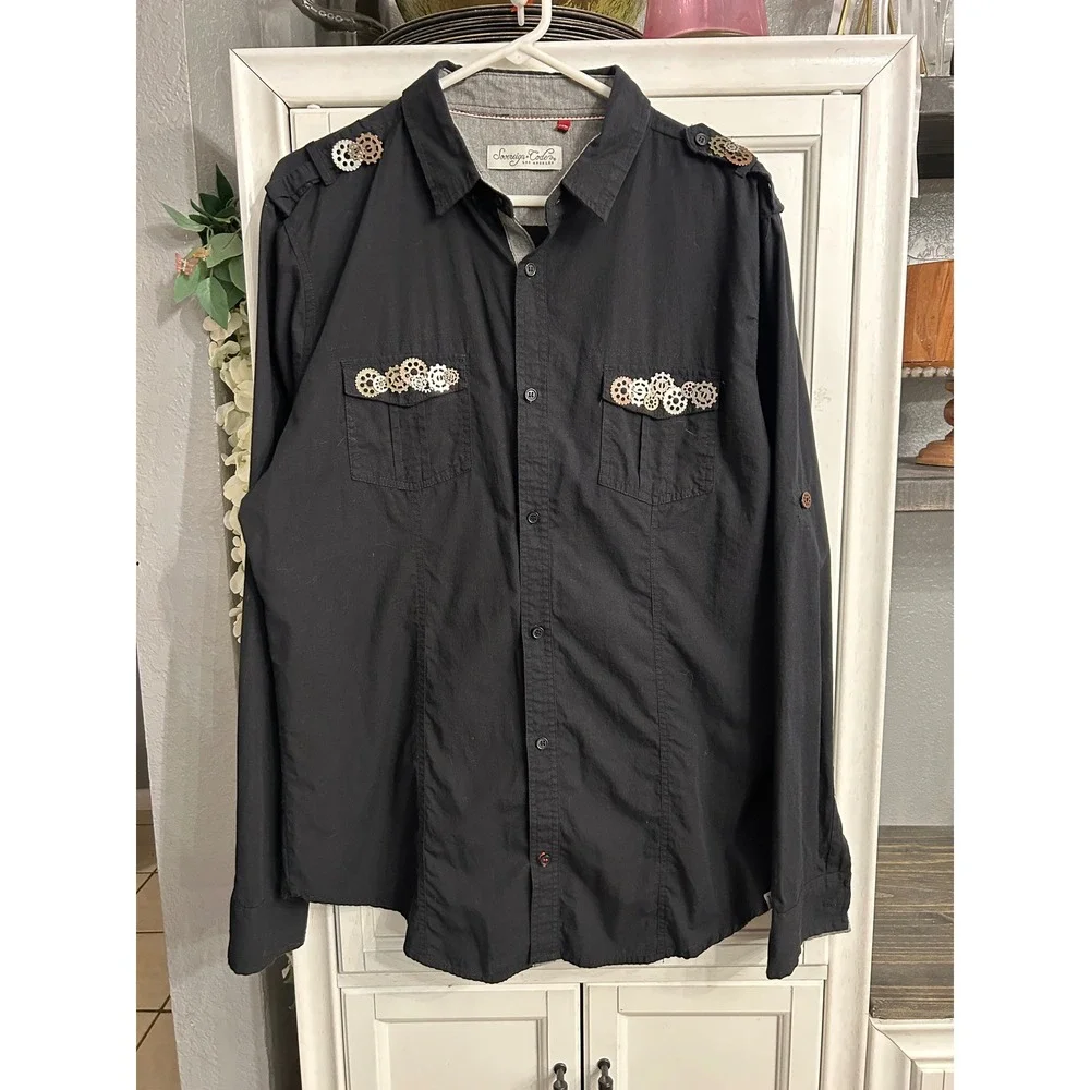 Black y2k Steampunk Gear Button Up Shirt Long Sleeve Cotton XLarge Alt Goth